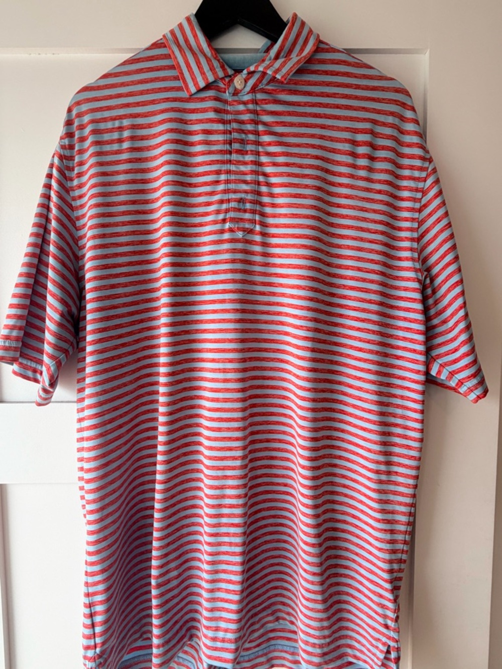 FootJoy Men's Striped Red and Light Blue Polo Shirt - Picture 6 of 6